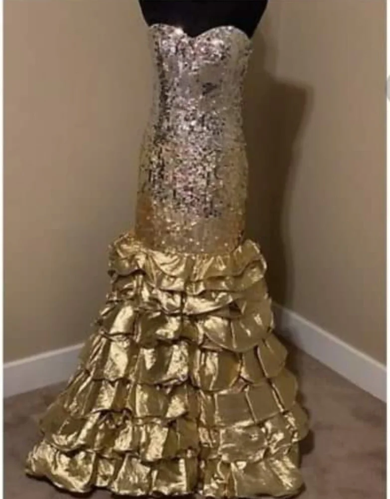 Gold silver sequin ruffle prom dress gown mermaid - Picture 3 of 5